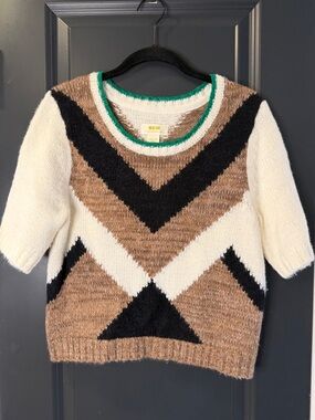 Anthropologie Cream, Brown & Black Geometric Short-Sleeve Sweater